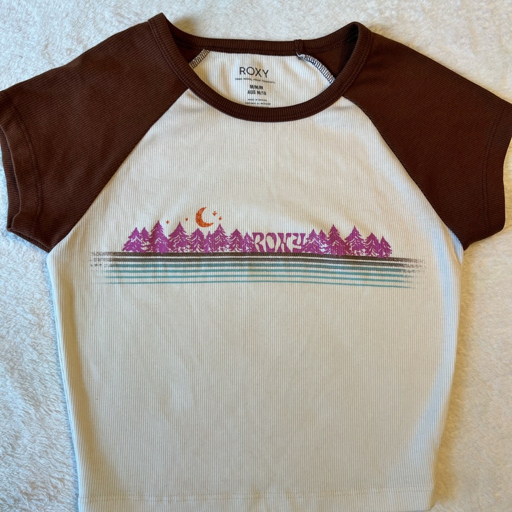 Roxy Cream Crop Tee with Brown Raglan Sleeves and Pink Forest Graphic